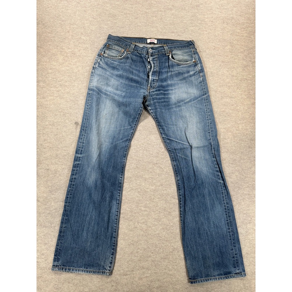 Levis 501 Original Straight Jeans Mens 34x32 Blue Denim Whiskering Button Fly